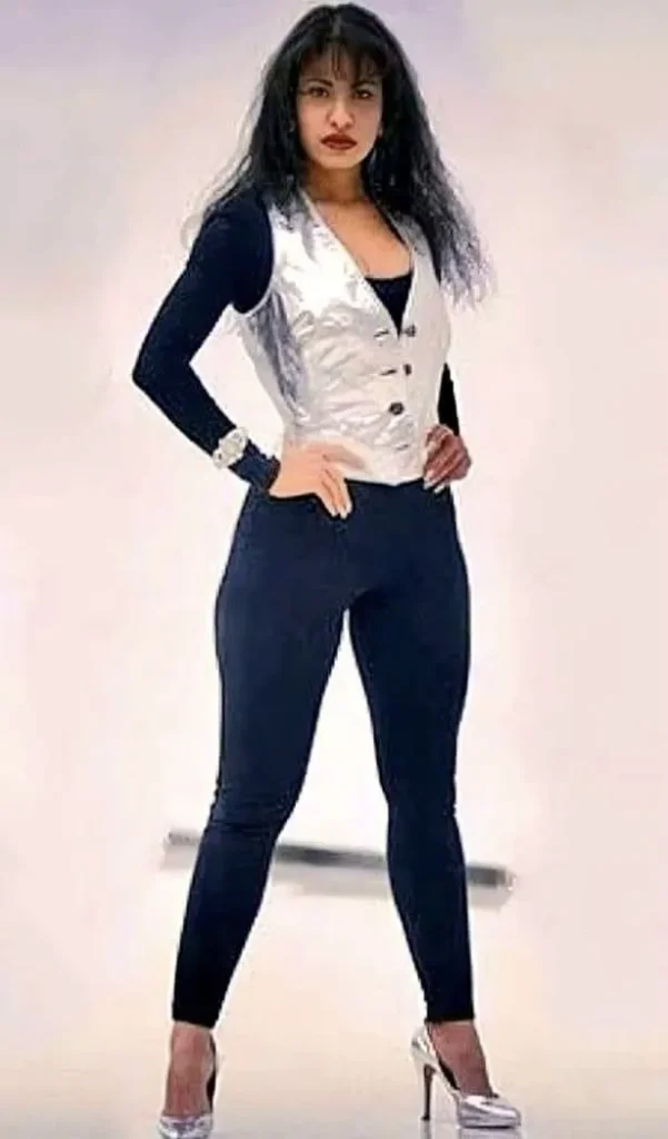 Selena-Quintanilla-Silver-Metallic-classic-leather-vest-standing.