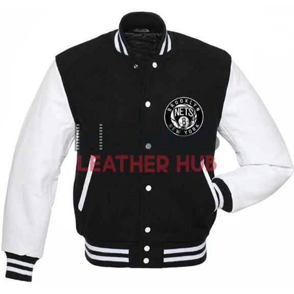 Brooklyn Nets NBA Black and White Varsity Jacket