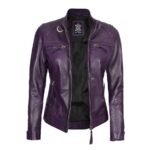 WomensPurpleCafeRacerRealBikerLeatherJacket