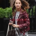 Alicia Vikander Maroon Biker Leather Jacket