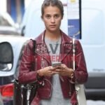 Alicia Vikander Maroon Biker Leather Jacket