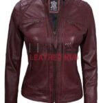 Johnson Women's Maroon Quilted Cafe Racer Leather Jacket