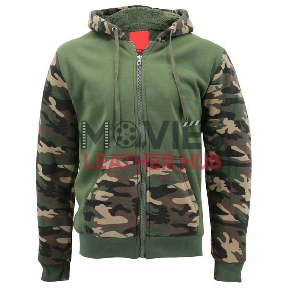 Men’s Army Camo Zip-Up Sherpa Hoodie Fleece Jacket