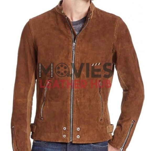 Men’s Casual Zipper Pockets Brown Suede Leather Jacket