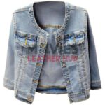 Kedera Collarless 3/4 Sleeve Cropped Denim Jacket