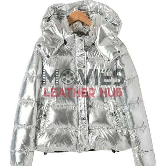 Women’s Silver Down Metallic Puffer Jacket with Hood